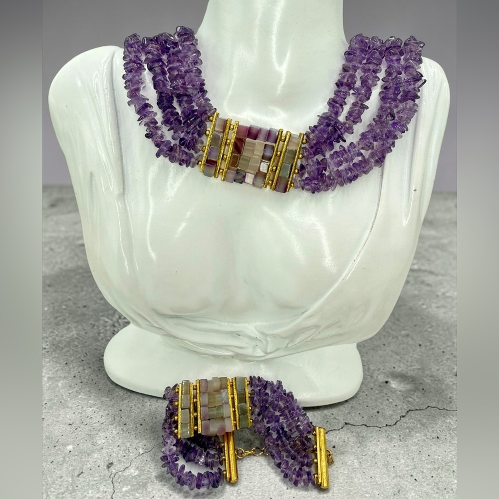 Amethyst Multi Strand Choker Necklace & Bracelet Set Mosaic Agate 161g Stunning - Picture 16 of 17